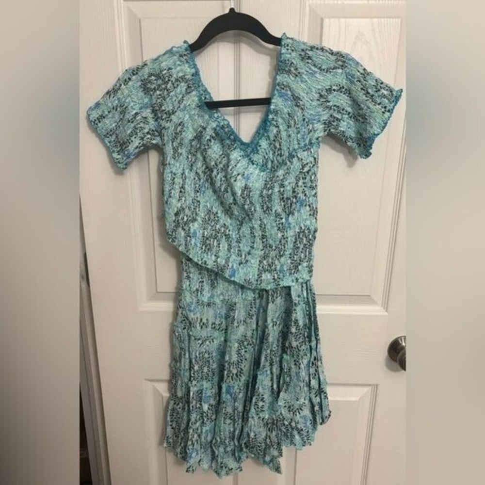 NEW Poupette St Barth | Mini Dress Soledad Aqua Sunflo Blue Green Smocked Sz L‎